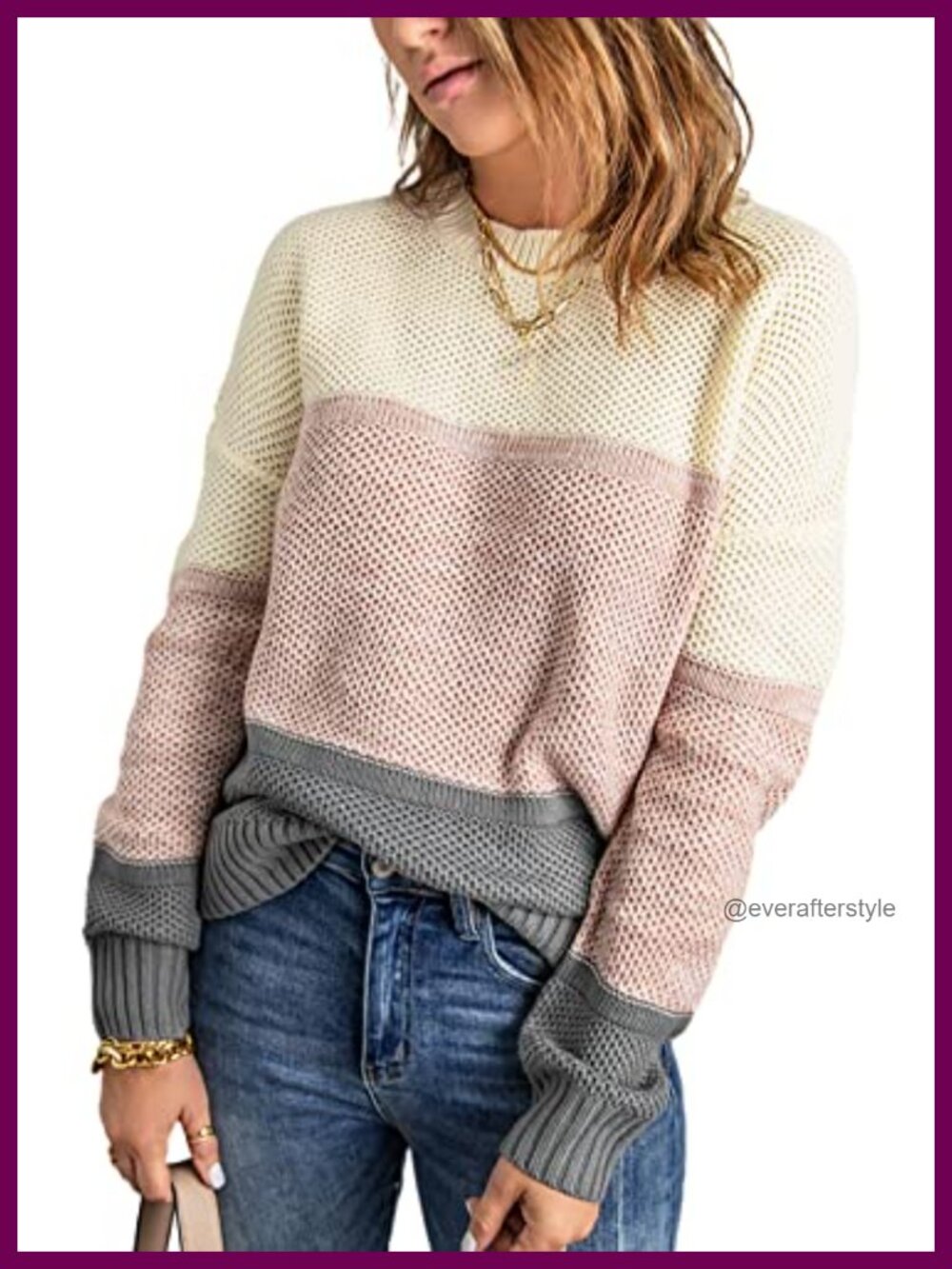 Womens Color Block Long Sleeve Pullover Knit Sweater
